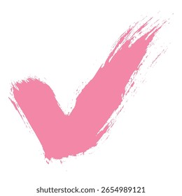 Handgezeichnetes rosa Häkchen mit Grunge-Textur einzeln auf weißem Hintergrund. Kreative abstrakte Pinsellinie mit rauen Kanten. Fleck für Kulissen. Freehand Doodle-Linie perfekt für Highlight-Text