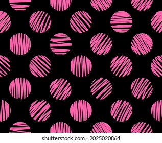 Hand drawn pink circles brush lines seamless pattern on black background. Vector illustration