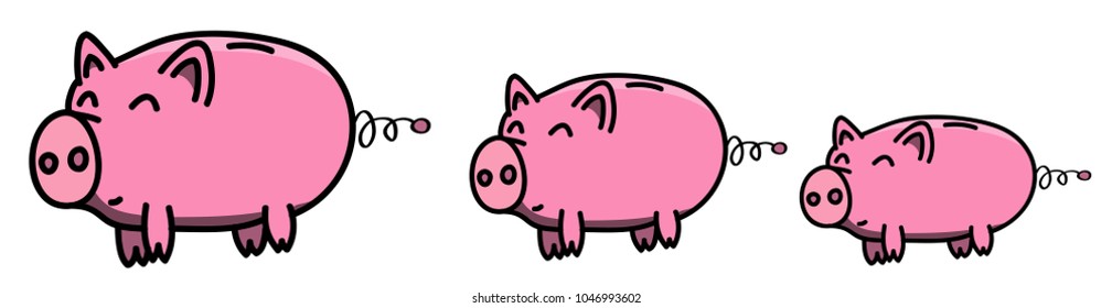Hand drawn pink, clean, shiny and happy fat piggybank family in cartoon style, colored illustration for kids.