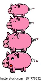 Hand drawn pink, clean, shiny and happy fat piggybank family in cartoon style as tower, colored illustration for kids.