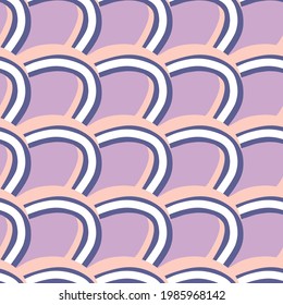 Hand drawn pink colored abstract rainbow shapes seamless pattern. Pastel purple background. Simple style. Perfect for fabric design, textile print, wrapping, cover. Vector illustration.