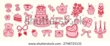 Hand drawn pink coquette sticker set. Cute girly elements with bows, ribbons, cherry, cake, toy bear, cocktail and strawberry. Romantic vintage vector illustration for Valentine day, wedding invitation, birthday card.