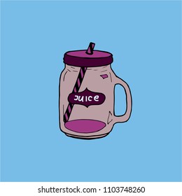 Hand drawn pink cup made of glass with striped pipe and with text on it on the blue background