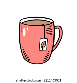 Hand drawn pink cup with tea. Colorful cartoon style doodle vector illustration. Isolated on white background.