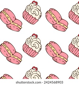 Dibujado a mano de magdalenas rosadas y fondo de macarons para la panadería. Ilustración vectorial aislada. Patrón se puede utilizar para la tarjeta de felicitación, invitación, fondo de menú, cartel, textil, papel de embalaje, celebración