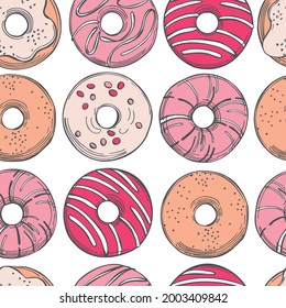 Hand drawn pink donuts. Vector  seamless pattern