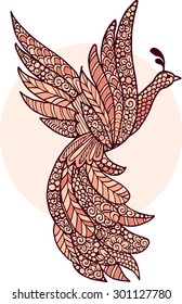 Hand drawn pink doodle bird illustration. Ornate bird drawing decorated with abstract ornaments