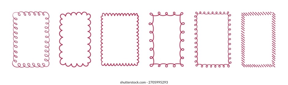 Hand drawn pink doodle borders set for greeting cards and invitations in cute whimsical style on transparent background