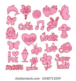 Hand drawn pink elements of animals, fruits, dessert, heart, flowers for cute stickers, tattoo, fabric print, decorations, logo, icon, ad, card, children pattern, toy, doll, cartoon character, comic