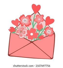 Handgezeichnet einen rosa Umschlag mit Blume und Herzen. Vektordoodle-Skizze, einzeln auf weißem Hintergrund.