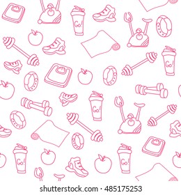Hand drawn pink fitness equipment doodles. Gym seamless pattern. An apple, a sneaker, a sport watch, dumbbells, mats, scales, a barbell, a cycle and a shaker. Vector EPS10 illustration.