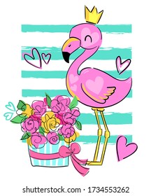 Hand Drawn Pink flamingo with a bouquet of flowers in a box with a heart. Greeting card for Valentine's Day. Print for textiles, t-shirts, fashion. Vector illustration.