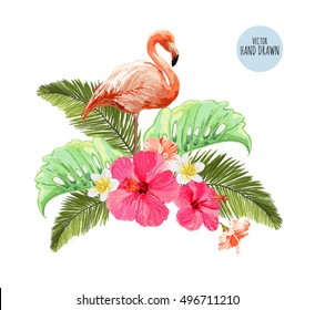 Hand drawn pink flamingo, exotic birds, tropical flowers, palm leaves, jungle leaf, hibiscus, bouquets. Vector hawaiian illustrations, floral elements isolated on white background