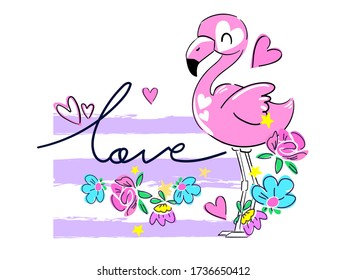 Hand Drawn Pink flamingo and flowers. Greeting card for Valentine's Day. Print for textiles, t-shirts, fashion. Vector illustration. Love