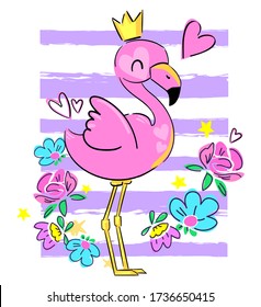 Hand Drawn Pink flamingo and flowers. Print for textiles, t-shirts, fashion. Vector illustration.