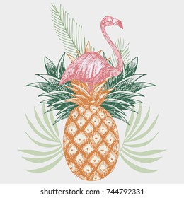 Hand Drawn Pink Flamingo On Pineapple Tropical Print