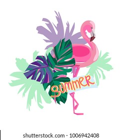 Hand Drawn Pink Flamingo Vector Illustration, Summer Print Design on t-shirt