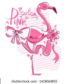 Hand drawn Pink Flamingo. Vector illustration. 