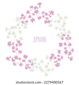 Hand drawn pink floral frame of flowers, botanical wreath of pink branches, leaves