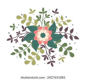 Hand drawn pink Flower composition isolated on white background. Simple spring bloom bouquet with leaves for decoration cards and posters for Mother, Women Day. Minimalist vector design in flat style.