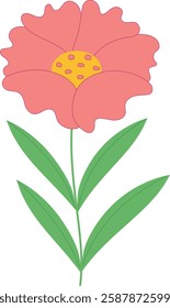 Hand drawn pink flower with stem and leaves. Isolated vector illustration.