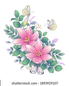 Hand drawn pink flowers bunch, flying and sitting butterflies isolated on white. Vector elegant floral arrangement in vintage style, t-shirt, tattoo design, wedding decoration.