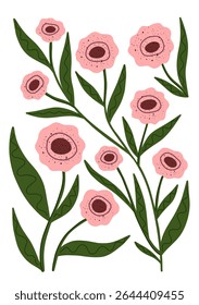 Hand drawn pink flowers with green leaves on clean white background.