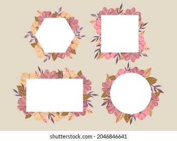 Hand Drawn Pink Flowers and Leaf Frame Vector Collection Editable