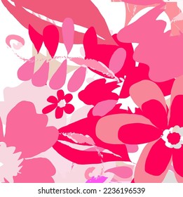 Hand drawn pink flowers and leaves paint brush pattern background. Abstract nice pink watercolor flowers  painting and doodle background. Cute flowers vector 