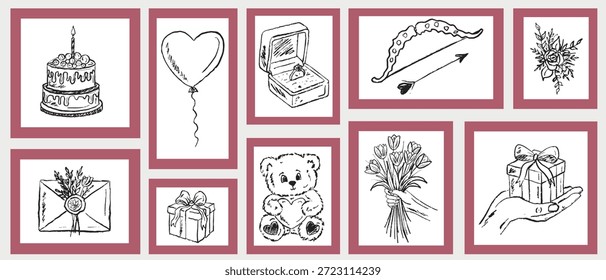 Marcos rosados dibujados a mano para el día de San Valentín o tarjetas de invitación de boda, cartel. Pastel, globo volador, ramo, oso de peluche, caja de regalo. Ilustración de boceto de Vector en estilo vintage de carbón de crayón