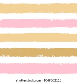 Hand drawn pink, gold ink abstract striped seamless pattern. Vector grunge texture. Paint brush smears on white background