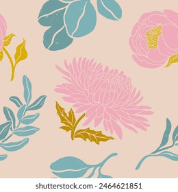 Hand drawn pink, green and beige colors blooming flowers seamless pattern. Botanical floral linocut textured background.