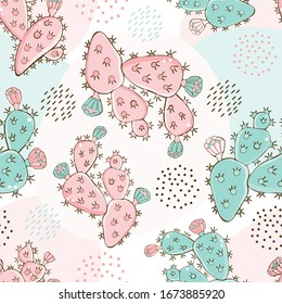 Hand drawn pink and green cacti with flowers seamless pattern. Abstract modern background in Scandinavian style. Exotic plant. Design for textiles, fabric, packaging paper, Wallpaper.