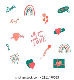 Hand Drawn Pink and Green Love Happy Valentine's Day icons collection