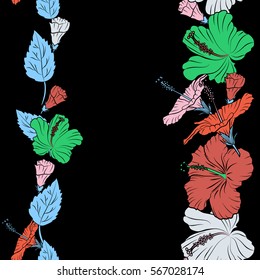 Hand drawn in pink, green and orange colors for wedding or greeting cards, textile, prints or fabric. Vector hibiscus floral pattern with copy space. Vertical floral seamless hibiscus flower pattern.