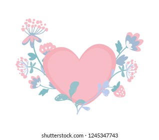 Hand drawn pink heart with flowers isolated on white background. Greeting card for Valentine's day. Vector illustration.