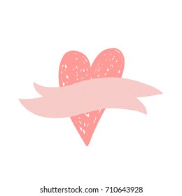 Hand drawn pink heart with ribbon. Baby vector element