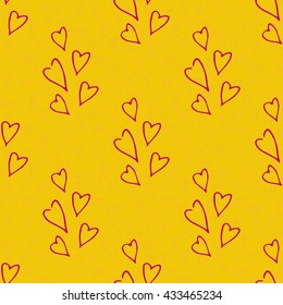 Hand drawn pink hearts pattern on yellow background