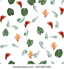 Hand drawn pink hibiscus flower tropical flowers and leaves seamless pattern for summer holiday.