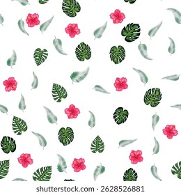 Hand drawn pink hibiscus flower tropical flowers and leaves seamless pattern for summer holiday.