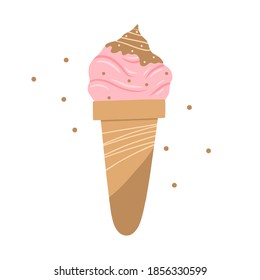 Hand drawn pink ice cream in a waffle cone isolated on a white background. Illustration in a simple flat style. It can be used for decoration of textile, paper and other surfaces.