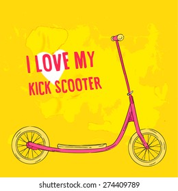 Hand drawn pink kick scooter on bright green background. Vector illustration.