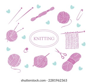 Hand drawn pink knitting doodles. Knitting and crochet set of icons. Hand drawn knitting collection. Isolated vector illustration