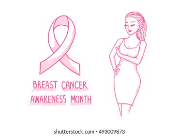 Señora rosada dibujada a mano que toca y que trata de conocer el gesto del cáncer de pecho con la cinta rosada y el texto