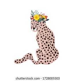 Hand drawn pink leopard in with floral wreath on head. Trendy Jungle print. Cartoon vector summer illustration