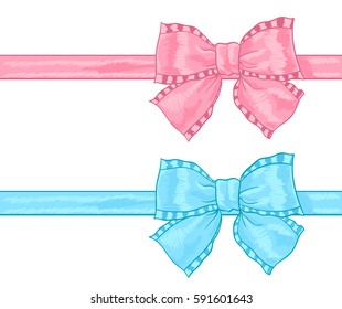hand drawn pink and light blue bow knot on white. holiday greeting vector design element 