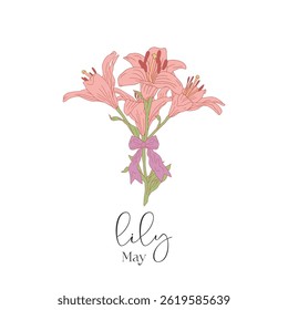 Mão desenhada linha rosa arte nascimento mês maio flor lily buquê com arco. Ilustração de vetor botânico com texto isolado no fundo branco.
