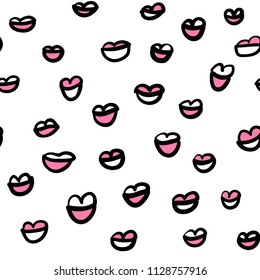 Hand drawn pink lips doodles seamless pattern. Vector beauty illustration for cards, textiles, wallpapers, backgrounds.