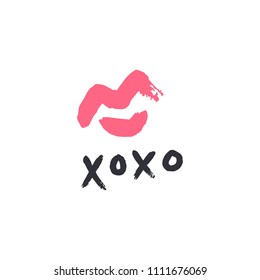 Hand drawn pink lips kiss symbol, hugs and kisses text. Vector, clipart, isolated details. Editable elements.