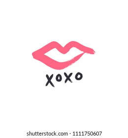 Hand drawn pink lipstick kiss symbol, hugs and kisses text. Vector, clipart, isolated details. Editable elements